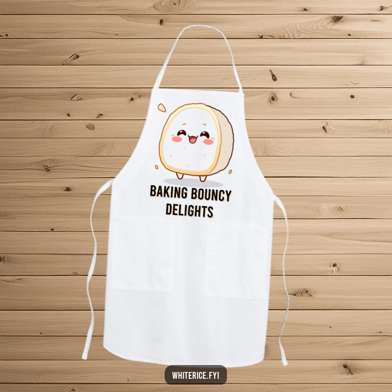 Funny kawaii apron with a cheerful bouncing rice cake character, perfect for a fun cooking experience.