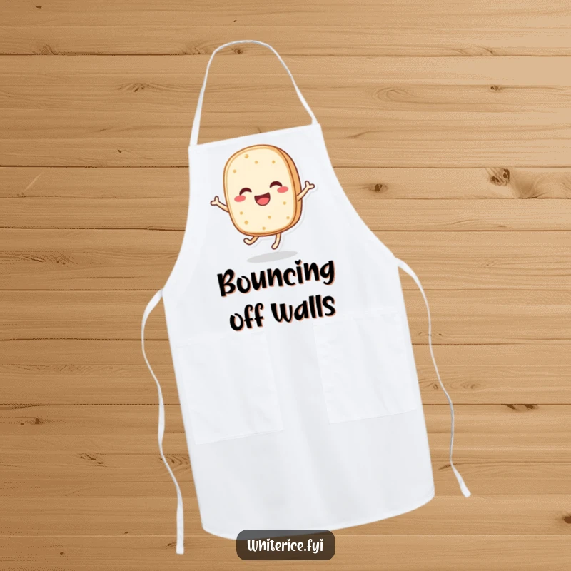 Funny apron showing a happy rice cake character bouncing, keeping you clean and bringing kitchen cheer.
