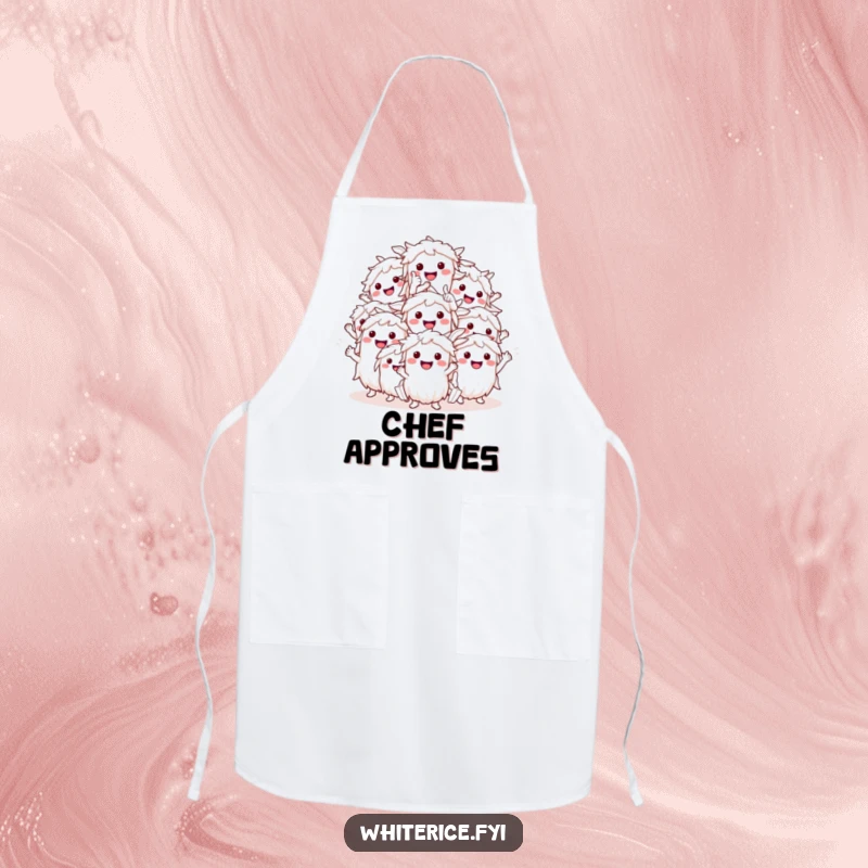 Funny smiling white rice characters apron, giving a thumbs up, a humorous kitchen garment for cooking and approval.