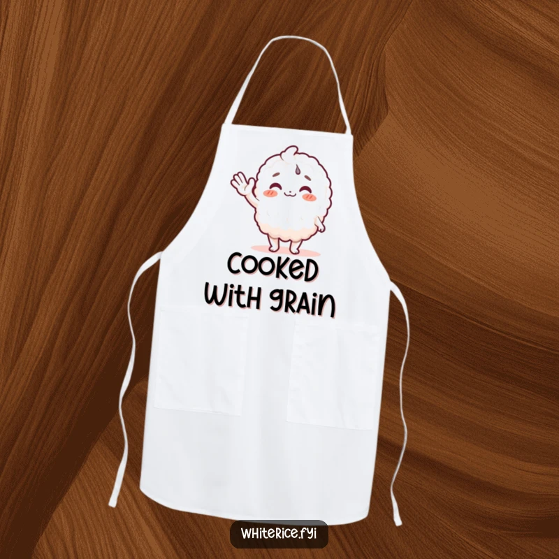 Funny rice character apron showing a happy white rice grain in a chef’s hat, waving hello while cooking. Protects clothes with humor.
