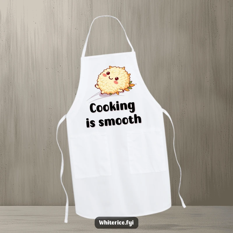 Funny apron showcasing a playful rice character in a smooth slide, perfect for culinary fun and a relaxed cooking experience.