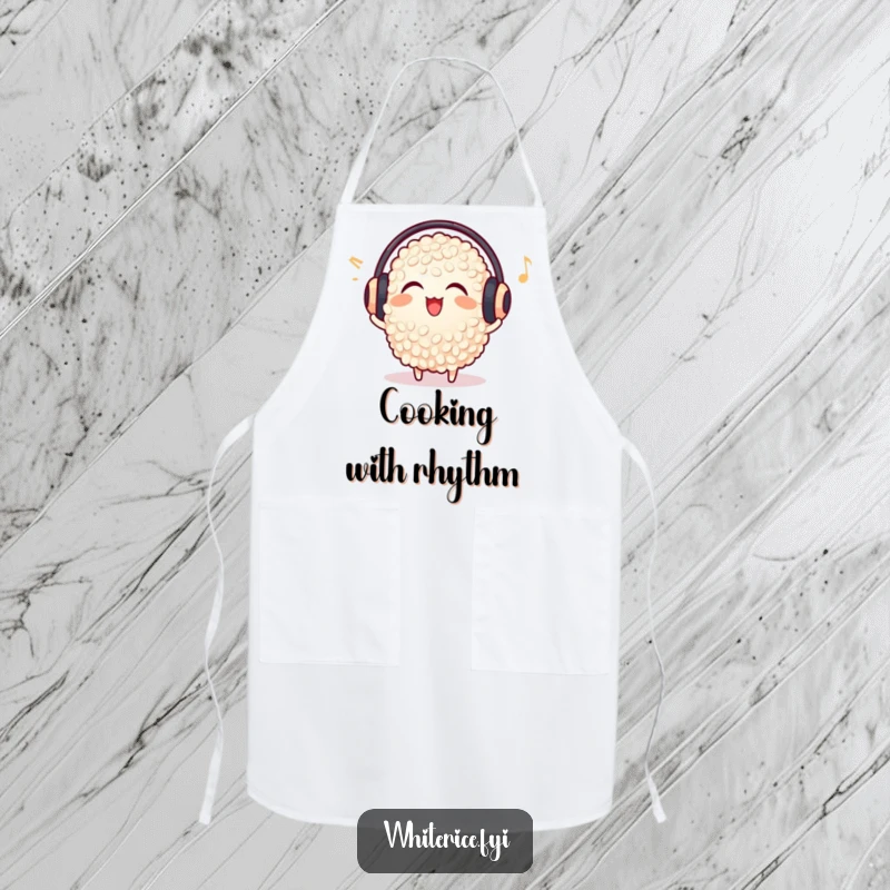 Funny delighted rice grain apron, wearing earmuffs, listening to music, cute and practical kitchen wear.