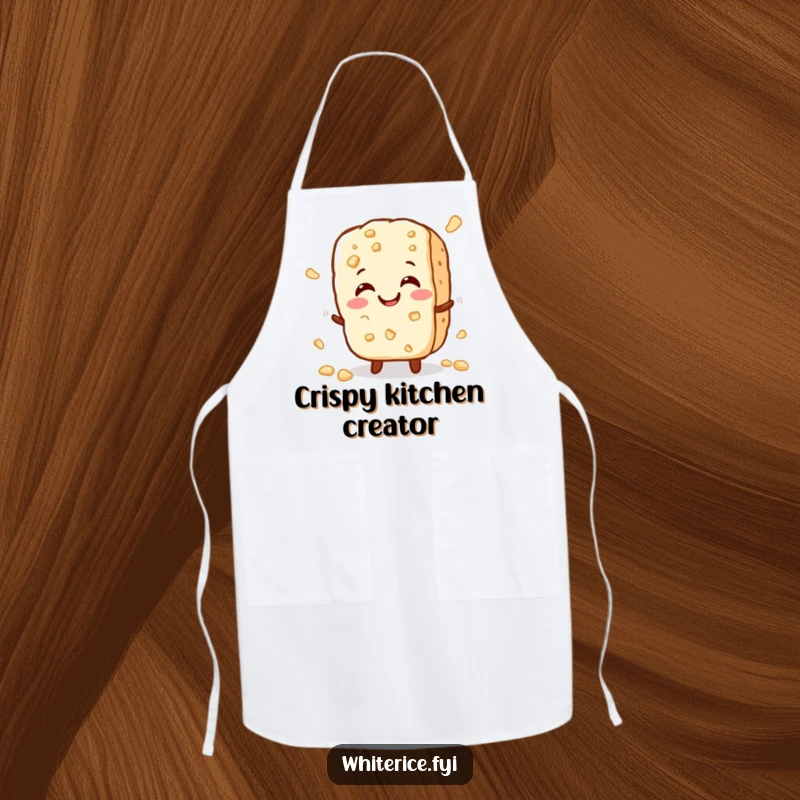 Funny apron with a cheerful, small rice cracker character crumbles slightly with a happy crunch, perfect for a happy chef.