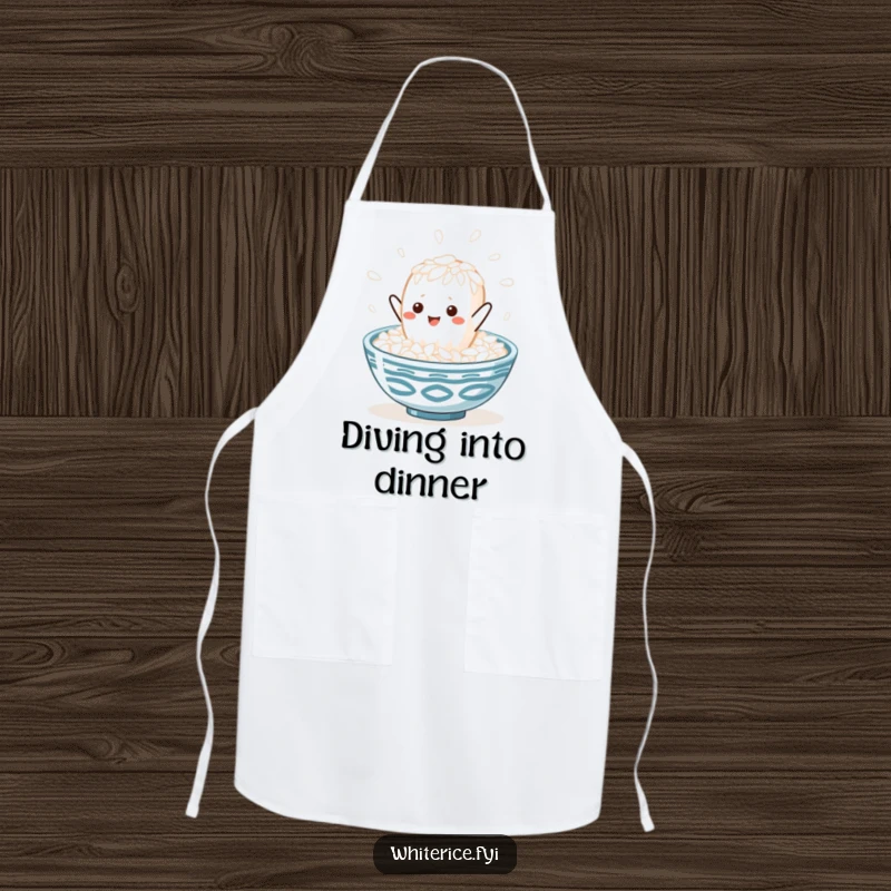 Funny kawaii white rice grain character joyfully leaping into a steaming rice bowl, featured on a kitchen apron for stylish and humorous cooking.
