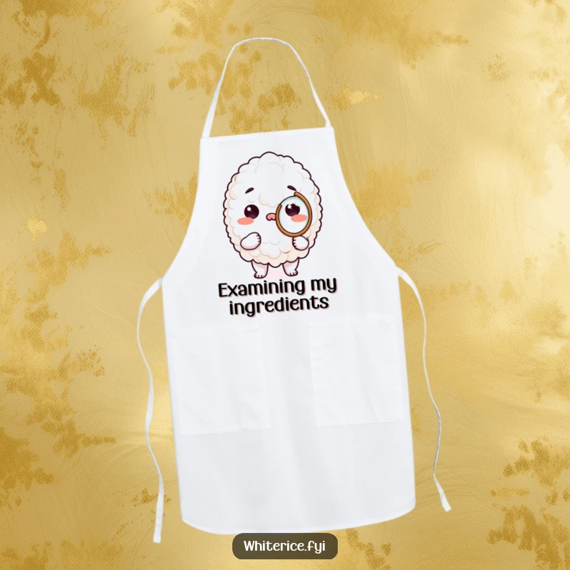 Funny chef apron with a white rice character holding a magnifying glass, ready to explore culinary mysteries.
