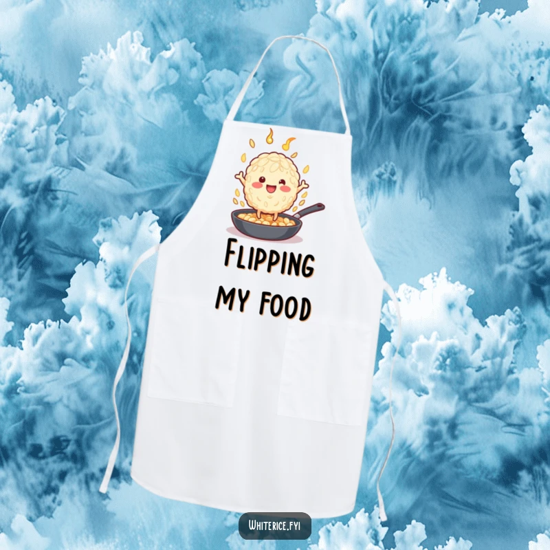 Funny beige rice grain character energetically flipping food in a pan, on a practical funny apron.