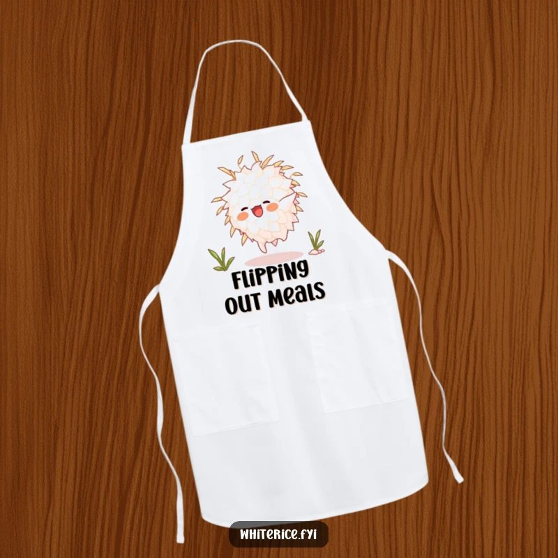 Funny animated white rice grain character performing a somersault, featured on a kitchen apron, ready for energetic culinary adventures.