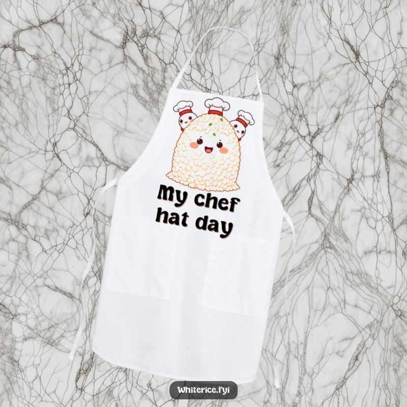 Funny apron showcasing proud rice characters wearing chef hats, ready to assist in creating delicious culinary masterpieces.