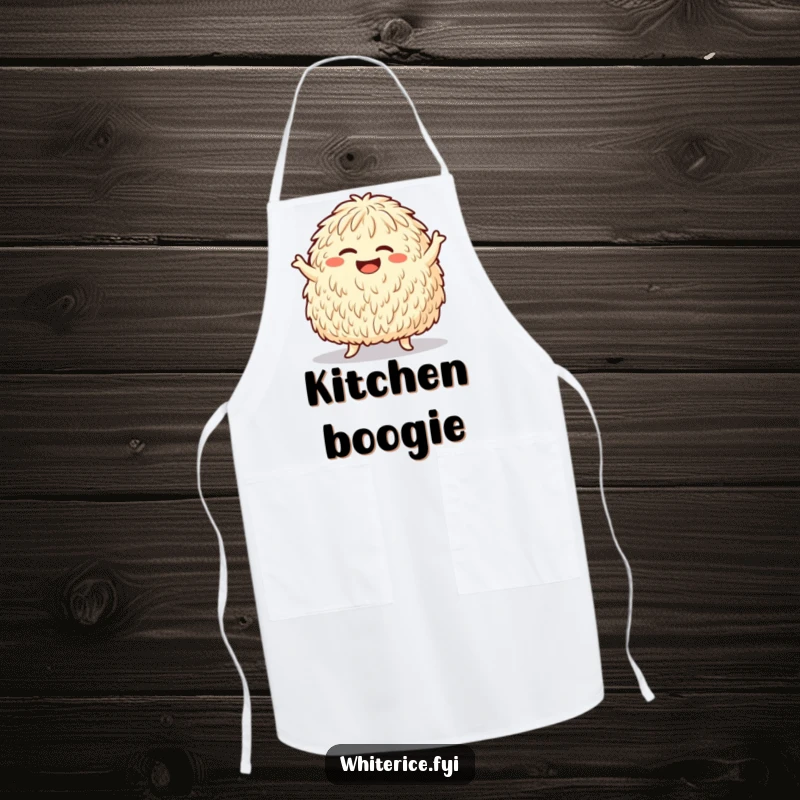 Funny apron showcasing a giggling rice mound doing a silly dance move, perfect for playful cooking and kitchen dancing.