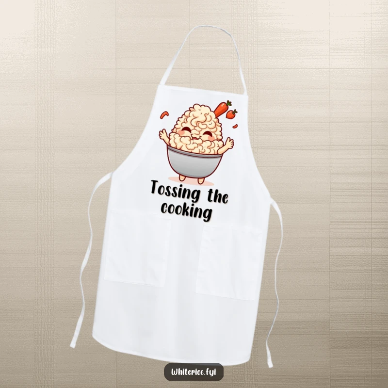 Funny Fried Rice Apron: A giggling Kawaii character tossing tiny vegetables, adding a humorous and joyful element to cooking.