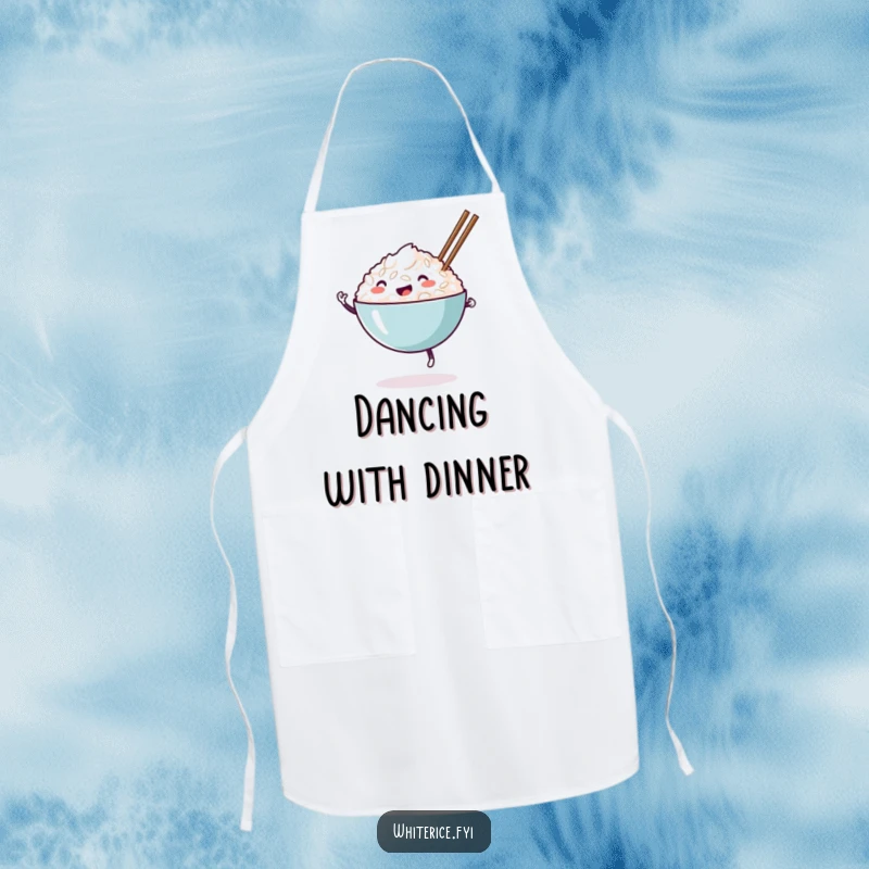 Funny happy white rice bowl apron, dancing with chopsticks, a humorous kitchen garment for cooking and fun.