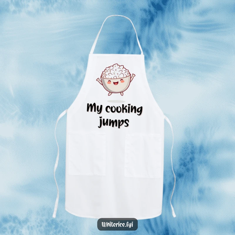Funny apron with a cheerful bowl of white rice performing a playful jump, protecting clothes.
