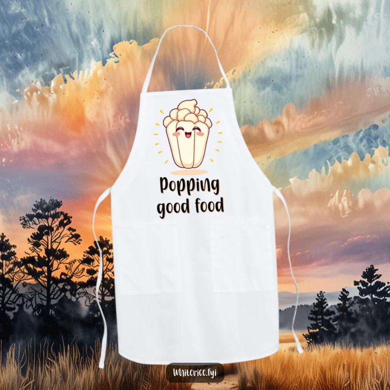 Funny kawaii apron with an excited, grinning popcorn kernel about to pop, perfect for movie nights.
