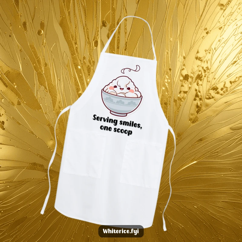 Funny Kawaii rice bowl apron with a happy chef character and a steam cloud, making kitchen tasks fun and joyful, a great cooking gift.