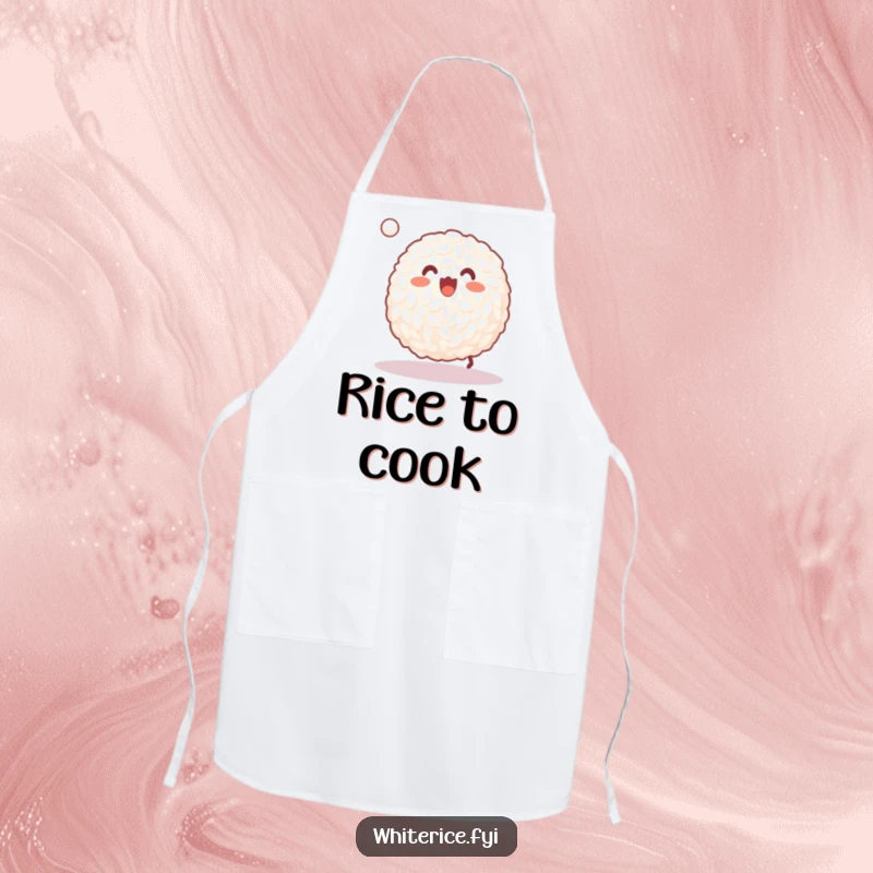 Funny apron showing a happy grain of white rice joyfully bouncing a tiny ball, for kitchen fun.