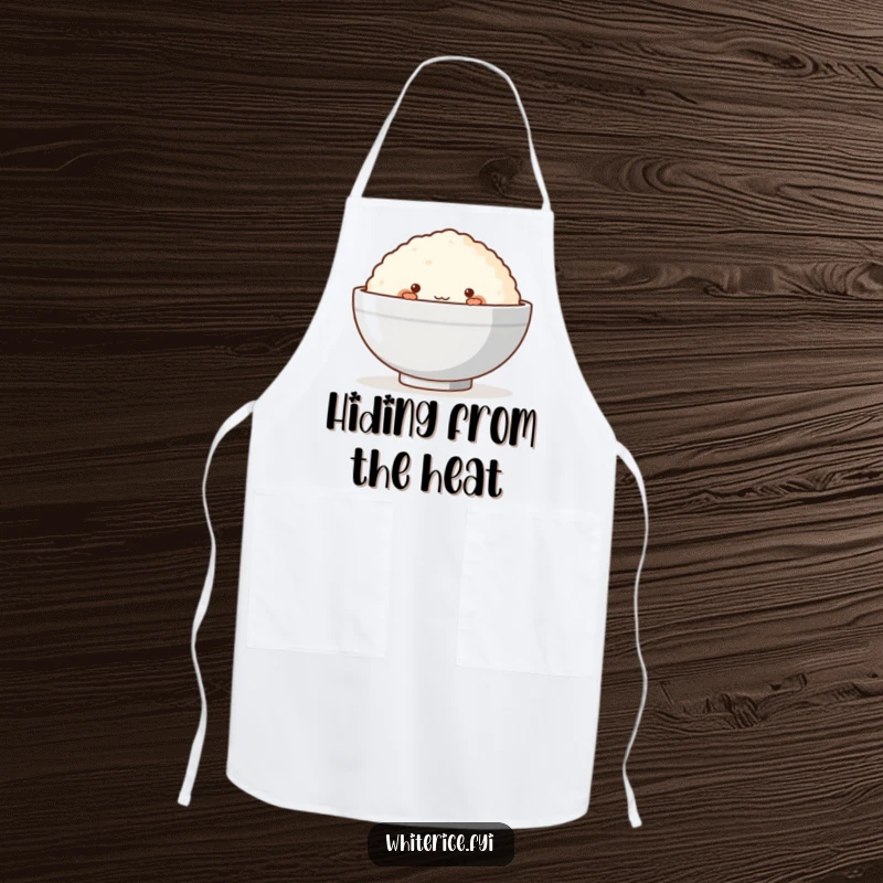 Funny apron showing a blushing rice cake shyly peeking from behind a larger bowl, perfect for the kitchen.