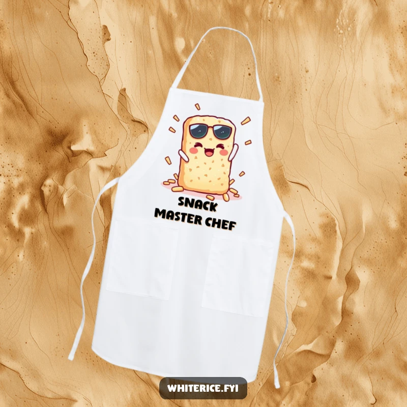 Funny apron showing a kawaii rice cracker character performing a crisp, triumphant snap, ideal for kitchen humor.