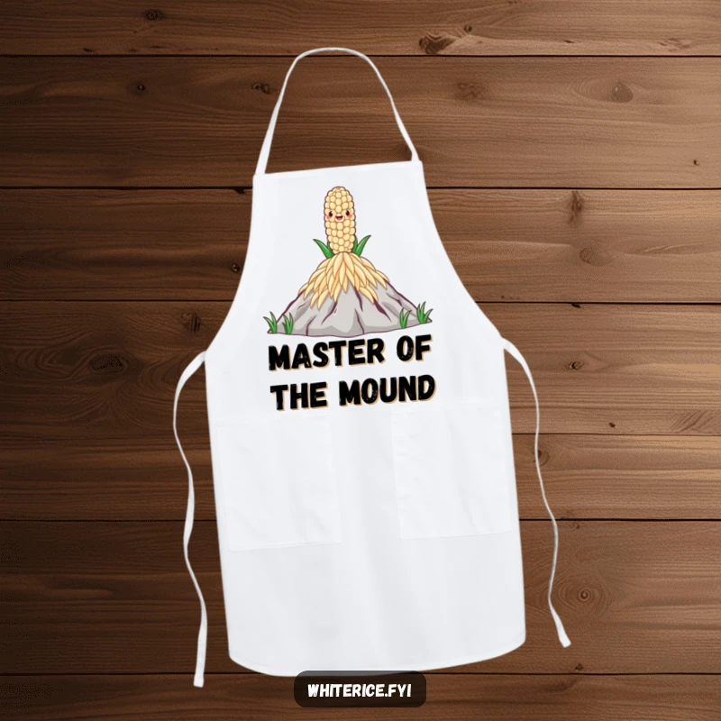 Funny Rice Grain Apron depicting a proud rice grain standing atop a mountain of rice, ideal for humorous cooking and meal prep.
