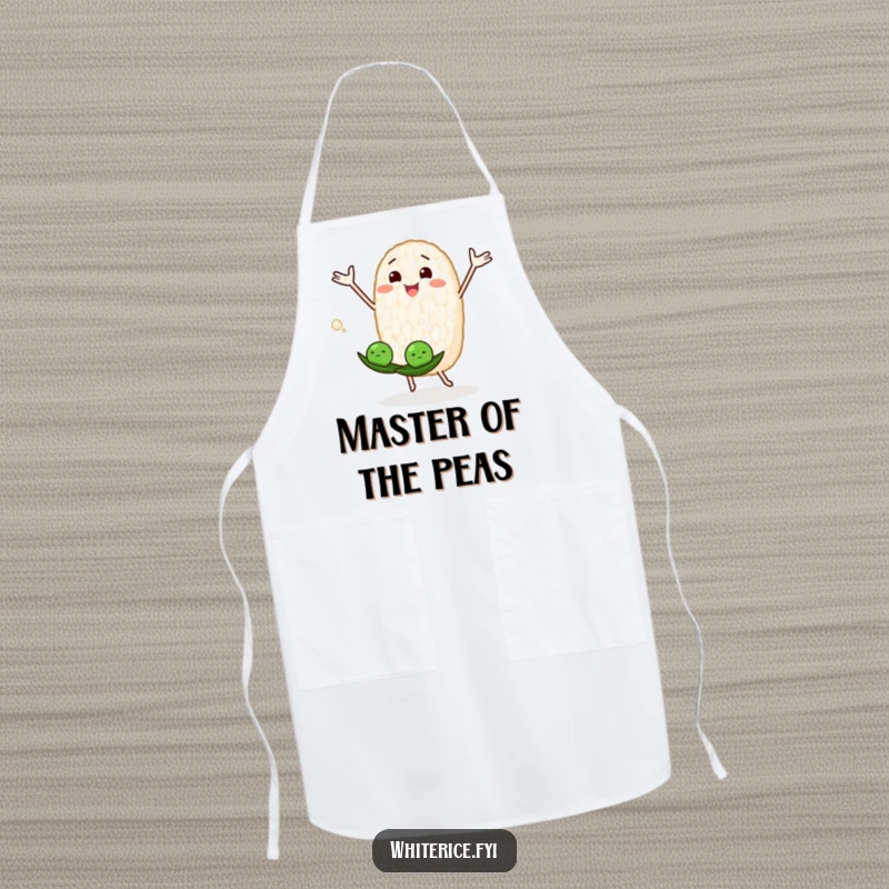 Funny apron with a joyous rice grain character juggling peas, blending kitchen practicality with humor.