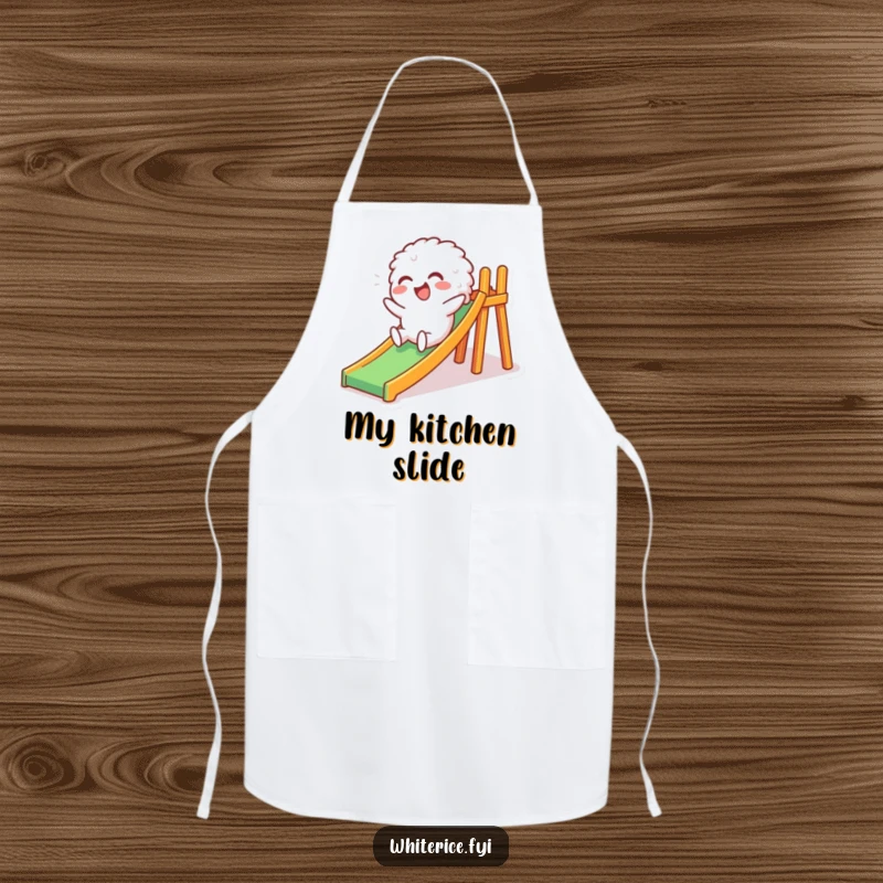 Funny apron designed with a giggling white rice character joyfully sliding down a miniature slide, bringing lighthearted fun to kitchen activities.