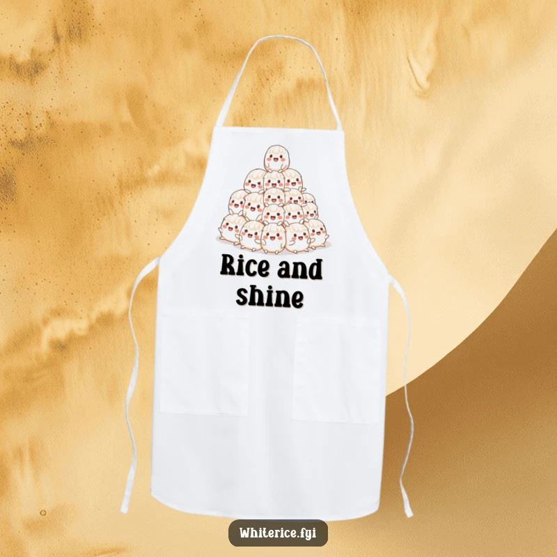 Funny apron depicting a cheerful, wobbly pyramid of smiling rice characters, ideal for kitchen humor and protection.