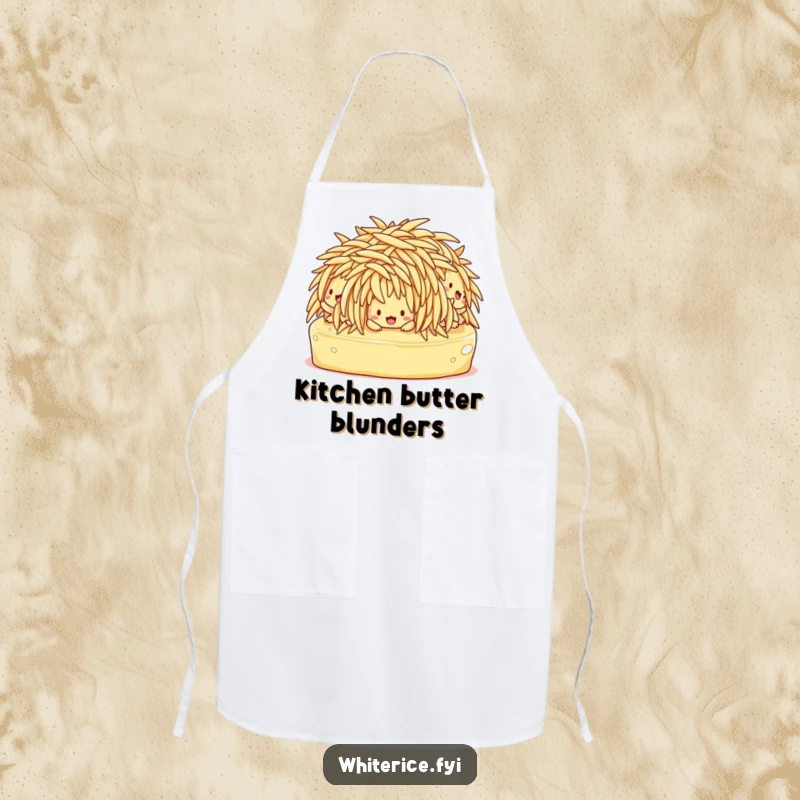 Funny apron showing confused rice characters comically slipping on butter while attempting kitchen tasks.