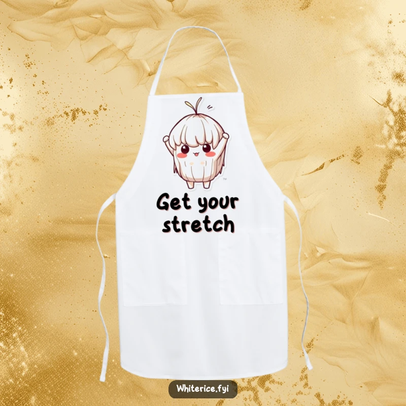 Funny Sticky Rice Apron: A determined Kawaii character humorously stretching like taffy, adding a fun and flexible vibe to cooking.