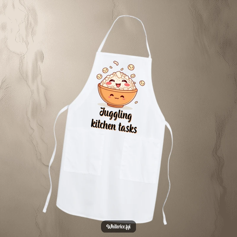 Funny apron showing a giggling bowl of rice juggling smiling grains, keeping you clean and bringing kitchen cheer.