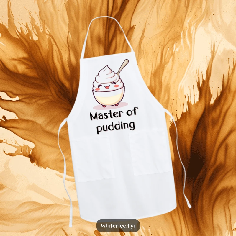 Funny kawaii rice pudding apron, character happily spooning itself, amusing kitchen wear for bakers.