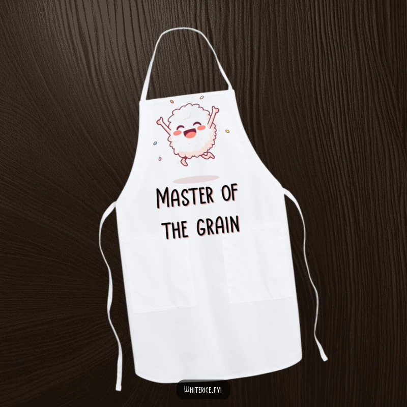 Funny apron depicting a delighted white rice grain executing a triumphant leap, bringing humor and joy to any kitchen task and meal preparation.