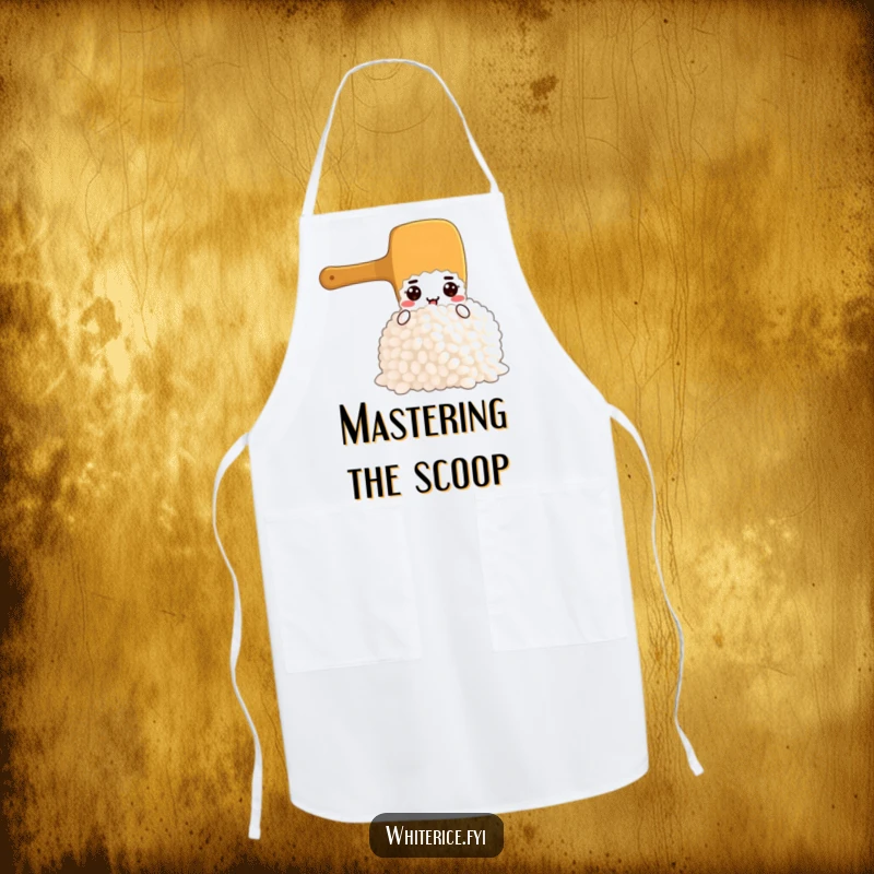 Funny apron showing a focused rice paddle character scooping rice, keeping you clean while bringing kitchen cheer.