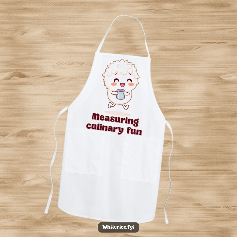 Funny apron with a playful white rice character skipping happily with a measuring cup, adding humor to cooking.