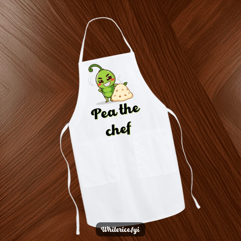 Funny green pea character with a determined grin and steaming mound on a practical funny apron.