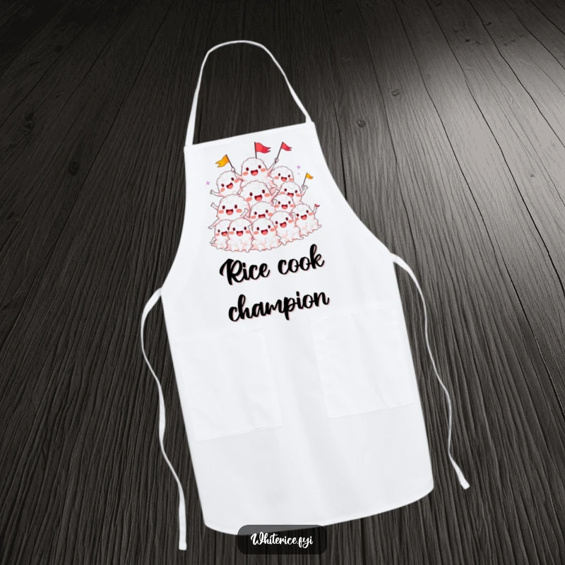 Funny apron showing a smiling pile of white rice characters cheering and waving tiny flags, for kitchen fun.