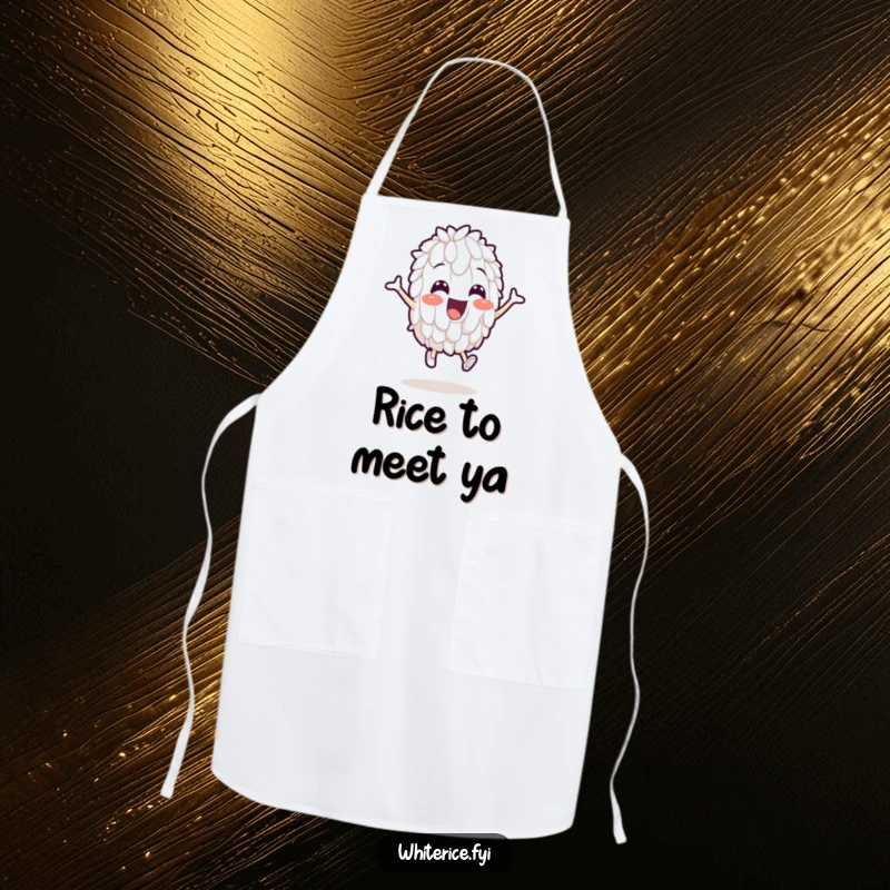 Funny apron showcasing a cheerful white rice grain character comically leaping, ready to add fun to the kitchen.