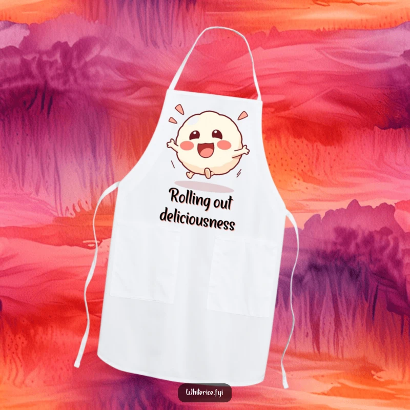 Funny Kawaii risotto ball apron with an excited character rolling playfully, adding a fun and humorous touch to kitchen tasks, a great cooking gift.