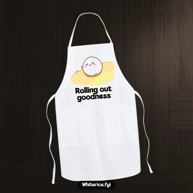 Funny apron showcasing a cheerful rice ball character happily rolling, protecting your clothes with a side of smiles.