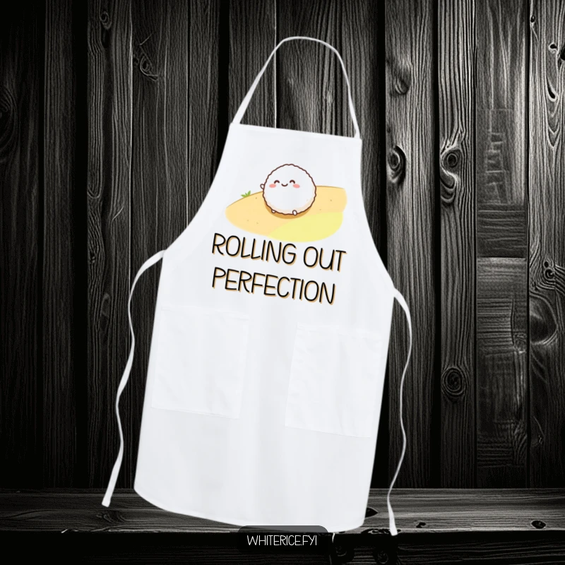 Funny apron with a smiling, round rice ball character rolling playfully down a gentle slope, ideal for fun cooks.