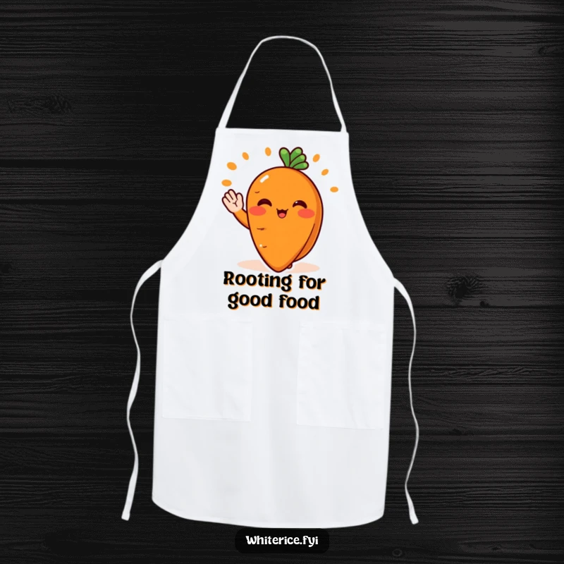 Funny apron with a blushing orange carrot slice character serving food with a cheerful wave, a fun kitchen accessory.