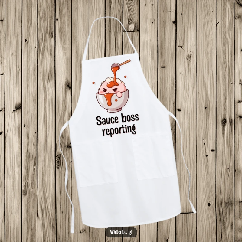 Funny apron with a determined pink rice bowl character pouring savory sauce, a humorous and practical kitchen accessory.