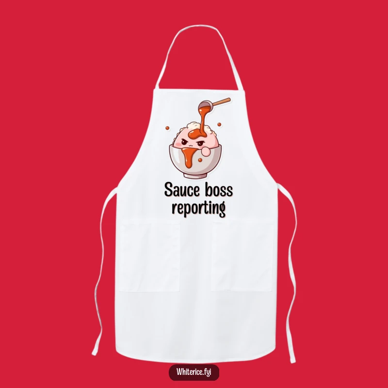 Funny Rice Bowl Chef Apron: Determined Character Pours Sauce, Kitchen Gift