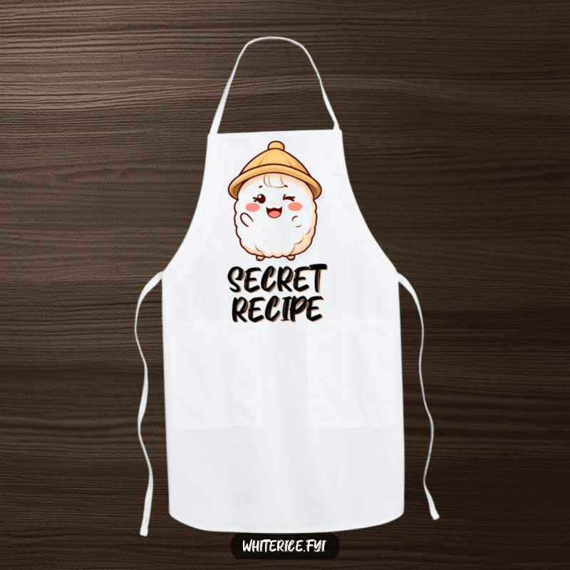 Funny apron showcasing a happy rice character in a small hat giving a friendly wink, perfect for playful culinary adventures.