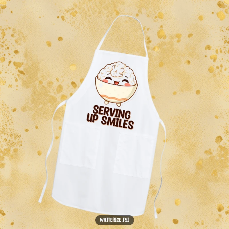 Funny apron with a delighted, anthropomorphic rice bowl character beaming with satisfaction, perfect for a happy cook.