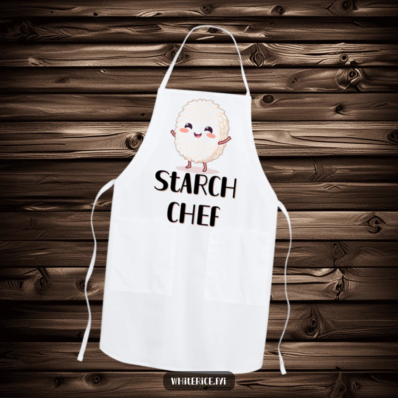 Funny dancing white rice grain apron, ready to cook and entertain with a humorous and cheerful expression.