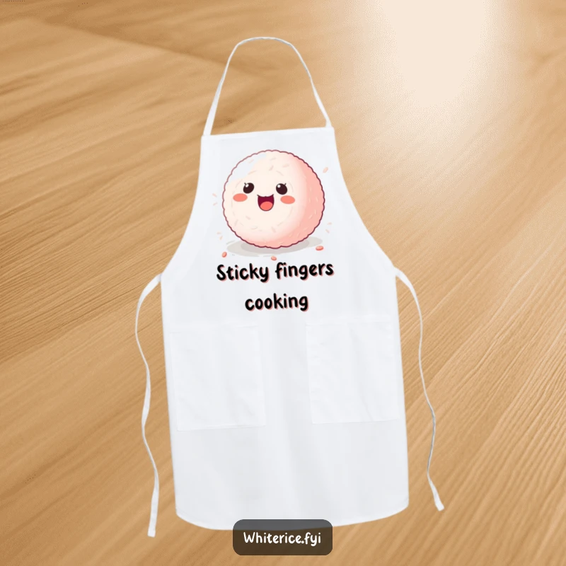 Funny kawaii sticky rice ball apron, character rolling with delight, amusing kitchen wear for chefs.
