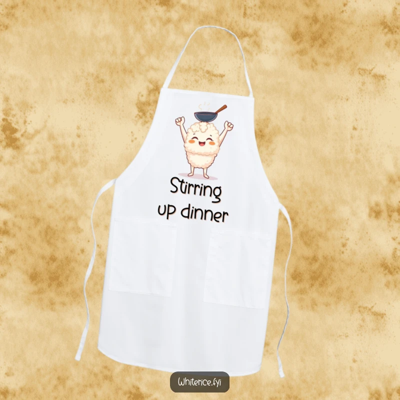Funny cheerful white rice character holding a miniature wok with a triumphant smile on a functional apron.