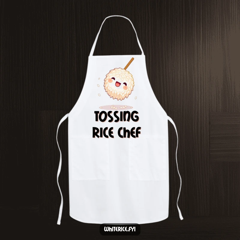 Funny Rice Apron: A playful grain of rice doing a somersault near a chopstick, ideal for protecting clothes during fun and whimsical kitchen activities.