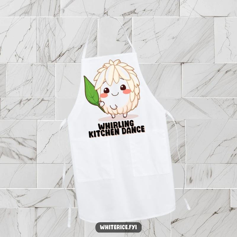 Funny apron showcasing a smiling rice character doing a cheerful spin with a jaunty leaf, perfect for playful cooking.