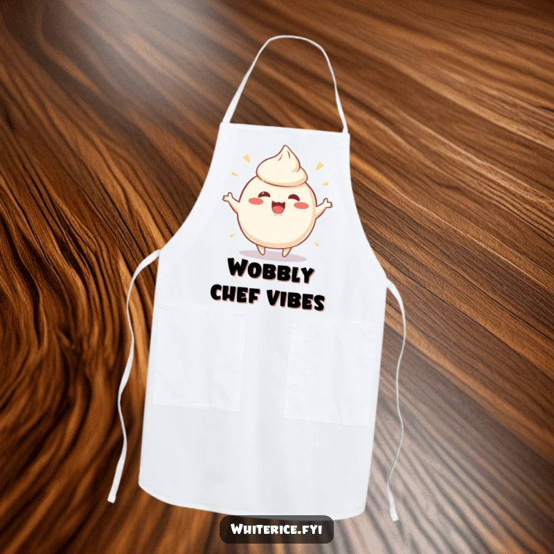 Funny apron with a playful, wobbly rice pudding character wobbling ecstatically, perfect for a fun-loving chef.