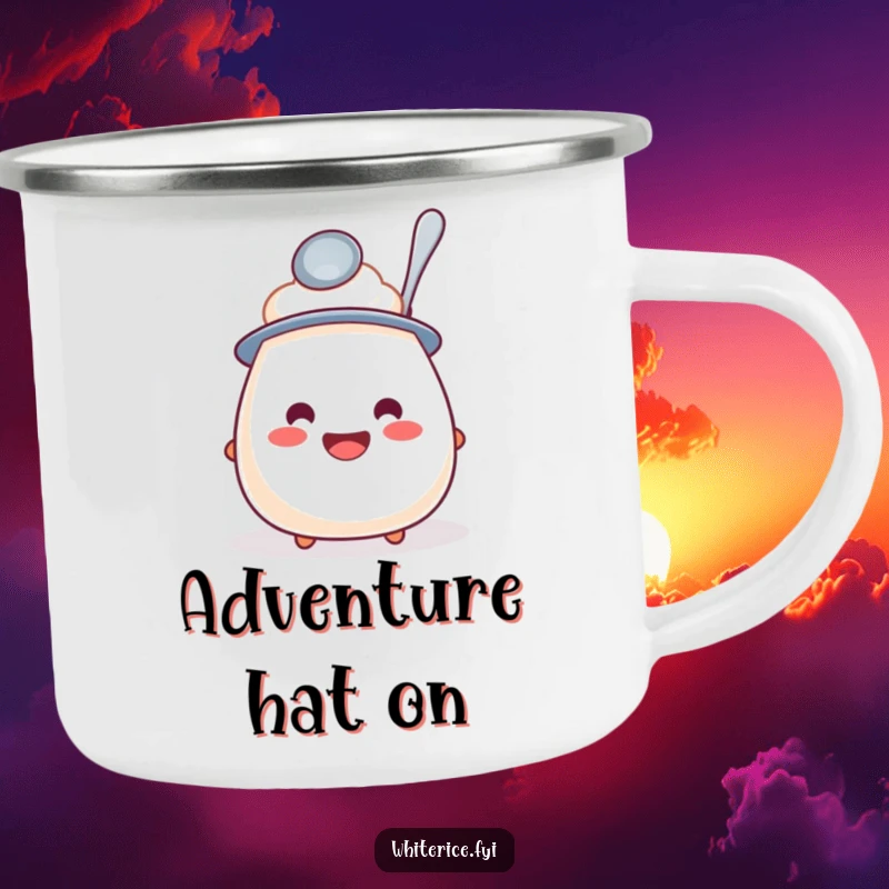 Funny camping mug featuring a happy rice pudding wearing a spoon hat, perfect for enjoying drinks by the campfire.